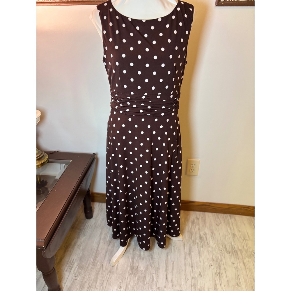 Y2K‎ Jessica Howard Dress Brown White Polka Dot Sleeveless Midi Career Casual - Picture 9 of 16